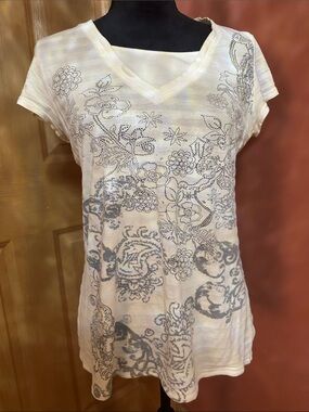 Cream V-Neck Floral Print Short Sleeve Tunic Top